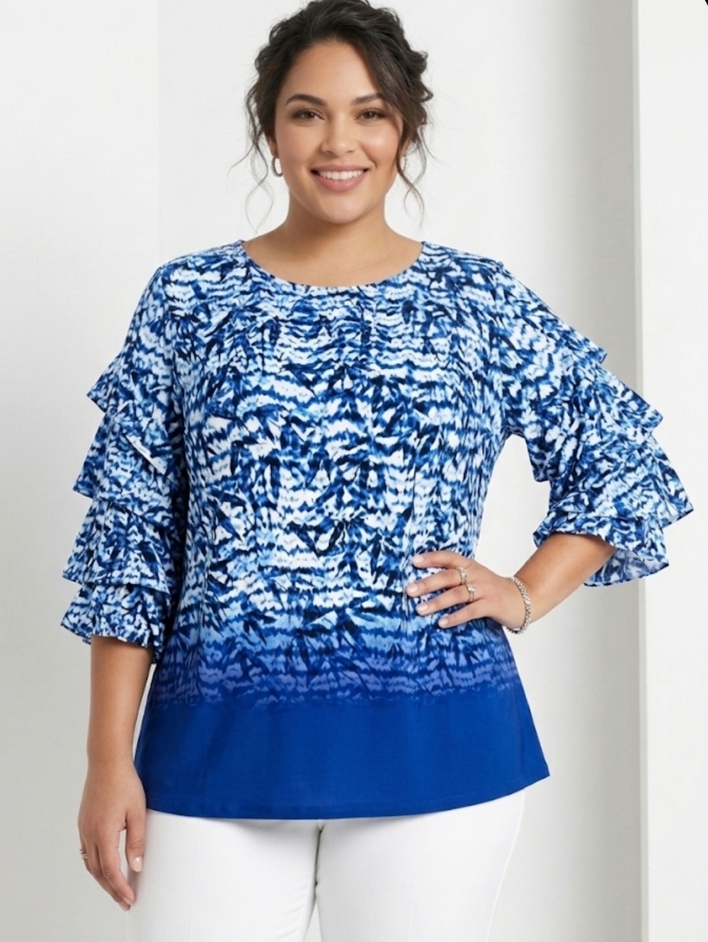 Boho 3X Festival Ruffle Watercolor Patterned Tunic Blouse Top Soft Stretch New